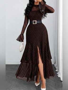 Elegant Black Polka Dot Long Sleeve Ruffle Maxi Dress